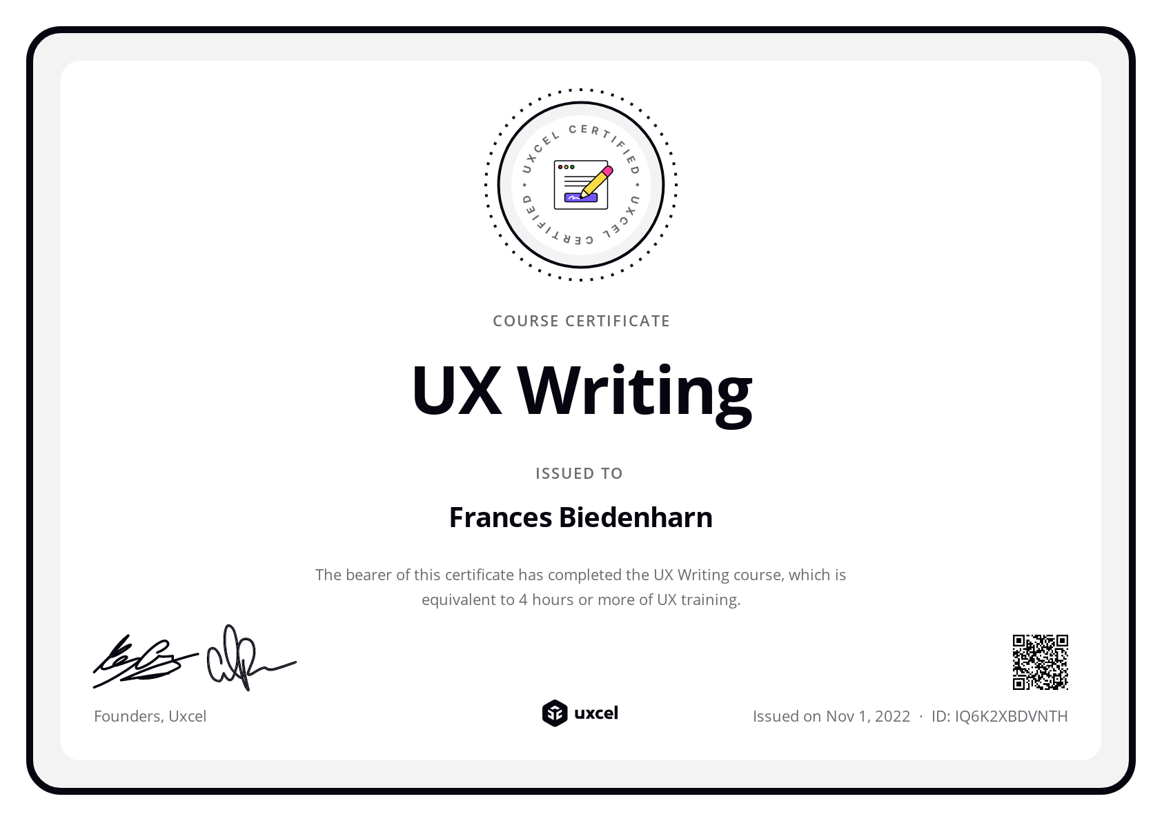 Frances Biedenharn's certificate